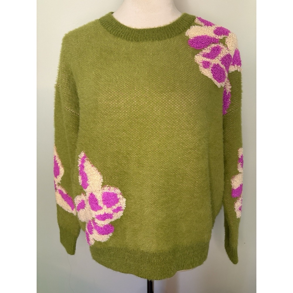 FRNCH Paris Ulyssia Floral Appliqué Sweater Green Pink SOFT COZY Boho Size Large - Picture 3 of 9
